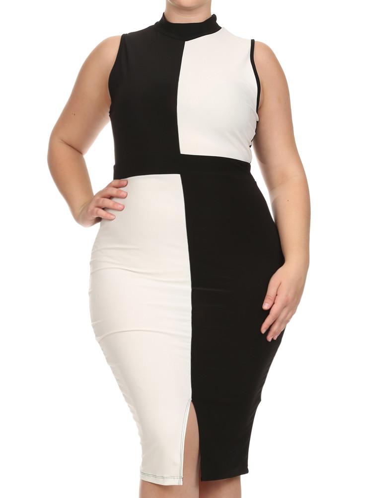 Plus Size Color Block Paneled White Midi Dress