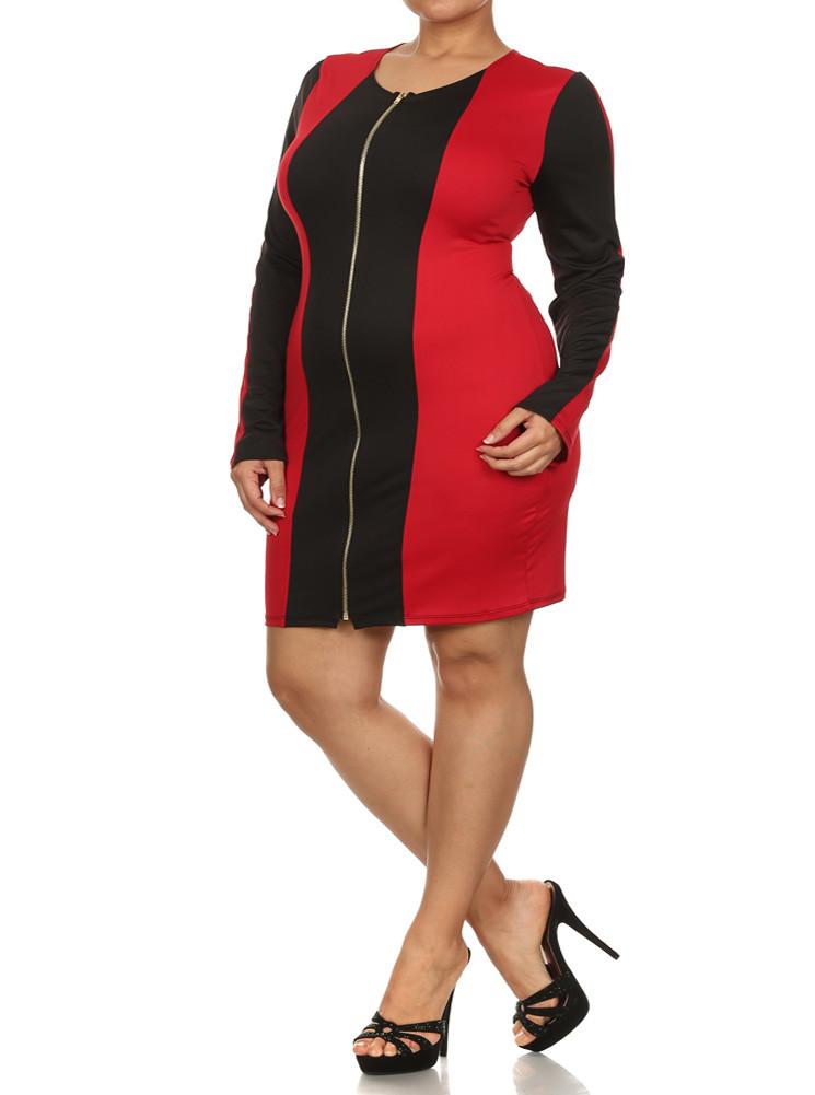 Plus Size City Girl Colorblock Zippered Red Dress