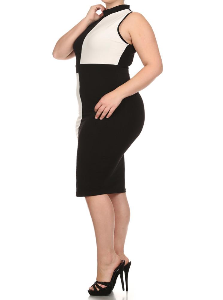 Plus Size Color Block Paneled White Midi Dress