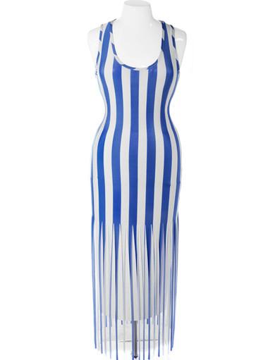 Plus Size Bold Stripe Fringe Hem Blue Dress