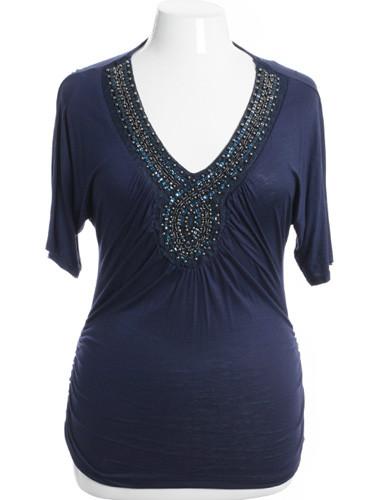 Plus Size Sexy Beaded V-Neck Navy Blue Top