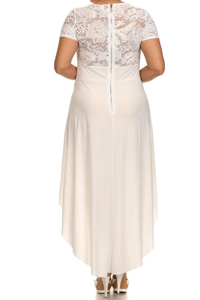 Plus Size Lovely See Through Lace Dip Hem White Dress