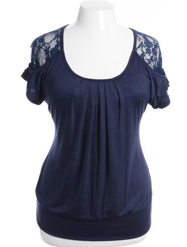 Plus Size Pleated See Through Lace Blue Top