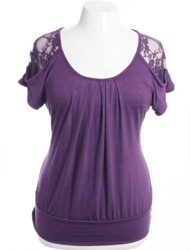 Plus Size Pleated See Through Lace Purple Top