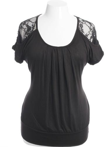 Plus Size Pleated See Through Lace Black Top