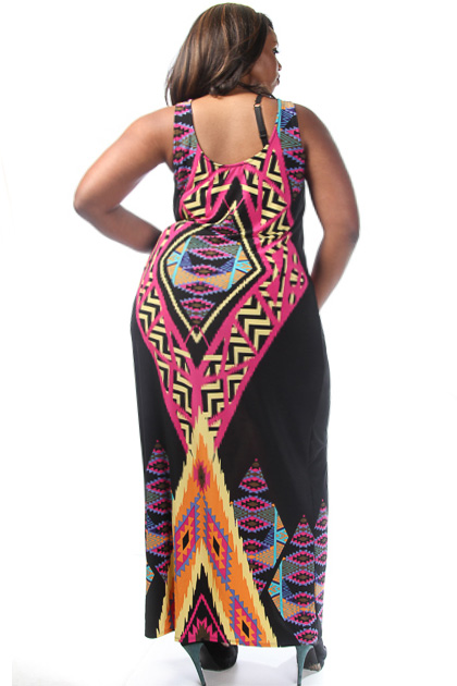 Vivid Tribal Print Plus Size Maxi Dress