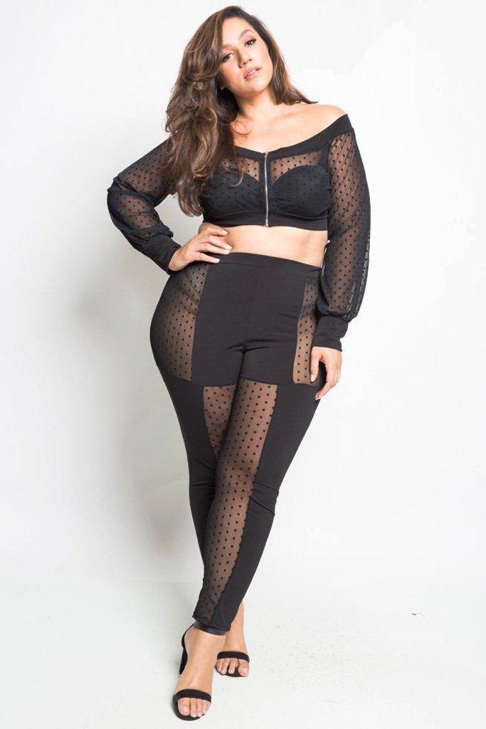 Plus Size Mesh Cropped Jacket and Pants Set