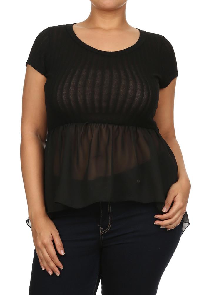 Plus Size Ribbed Sheer Drop Waist Black Top