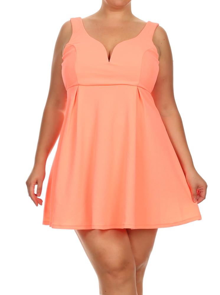 Plus Size Sweetheart Neon Peach Skater Dress
