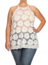 Plus Size See Through Flower White Tank