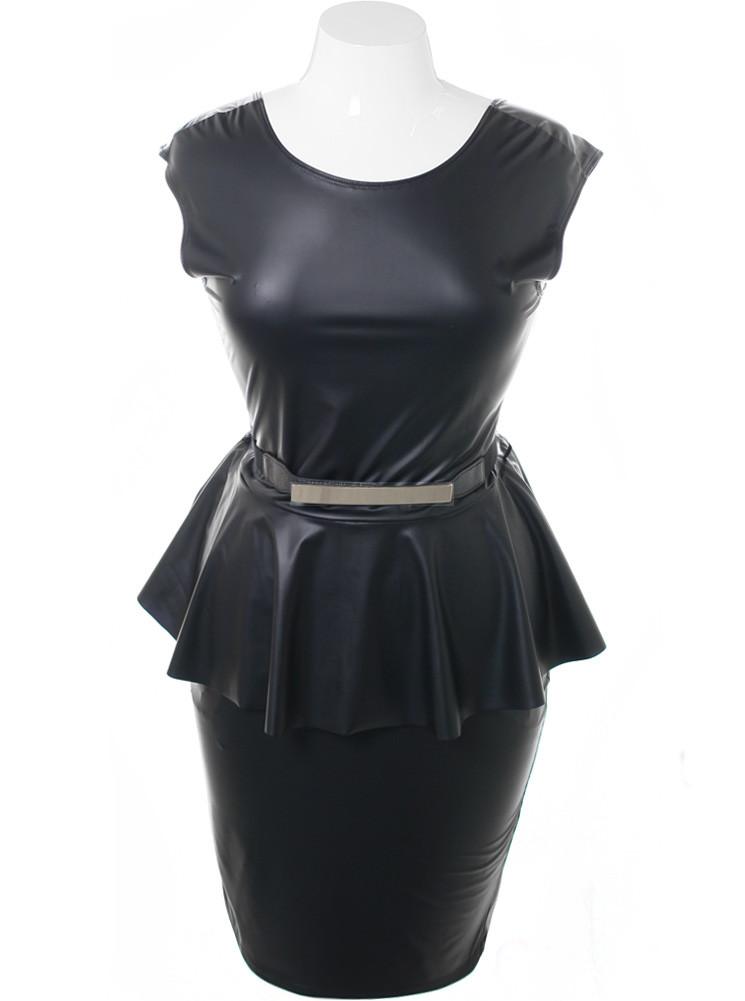 Plus Size Gold Buckle Peplum Black Dress