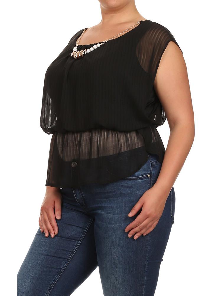 Plus Size Glam Drop Waist Sheer Black Blouse