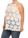 Plus Size See Through Flower White Tank