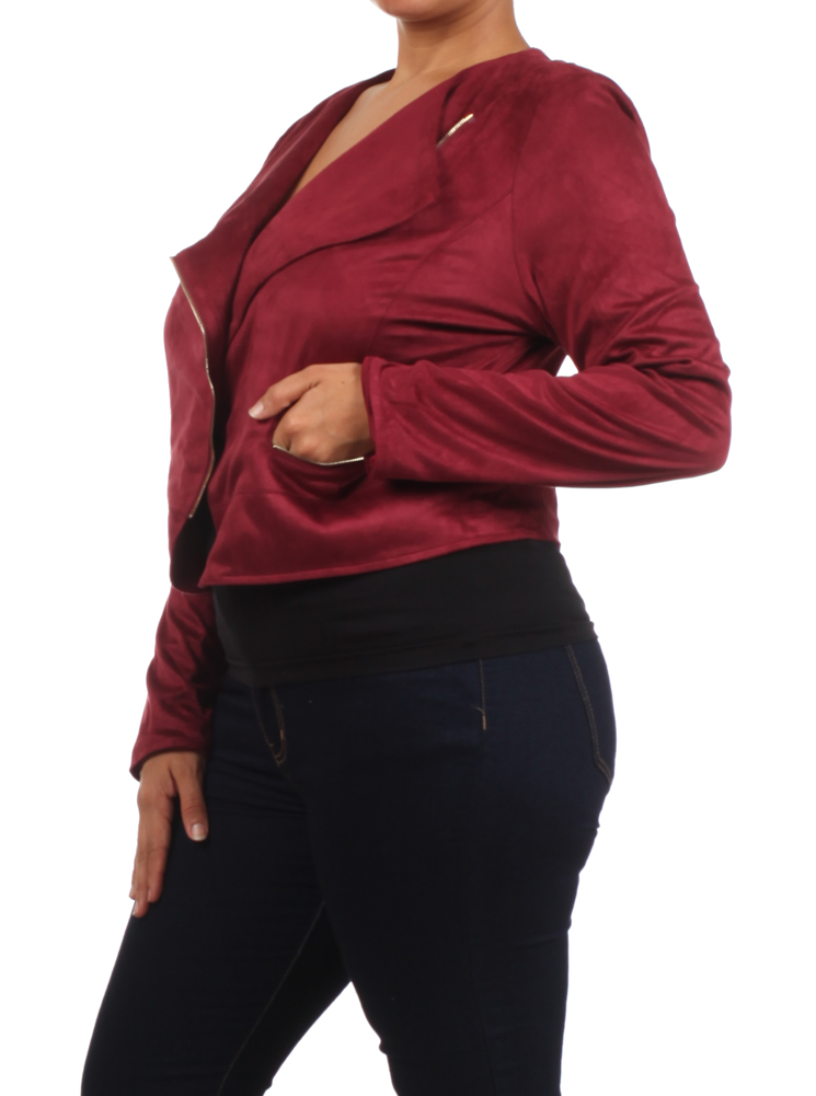 Plus Size Chic Side Zipper Burgundy Velour Jacket