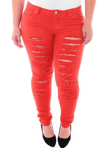 Plus Size Designer Slashed Coral Skinny Jeans