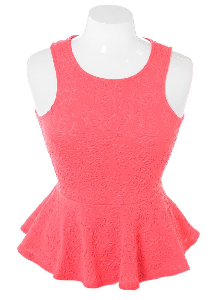 Plus Size Textured Victorian Peplum Coral Top