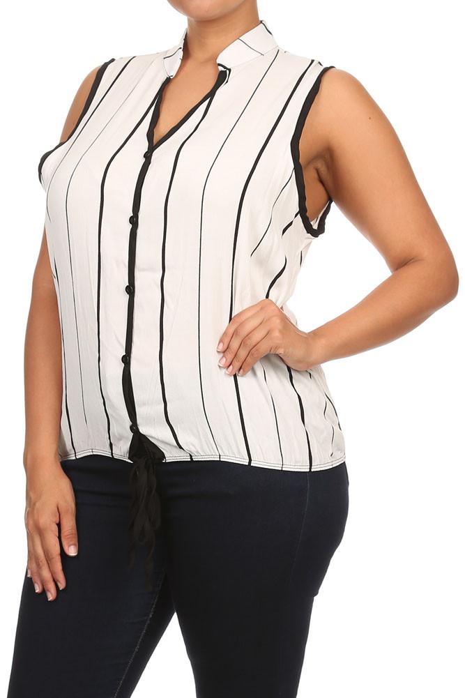 Plus Size Sleeveless Stripe Button Up White Blouse