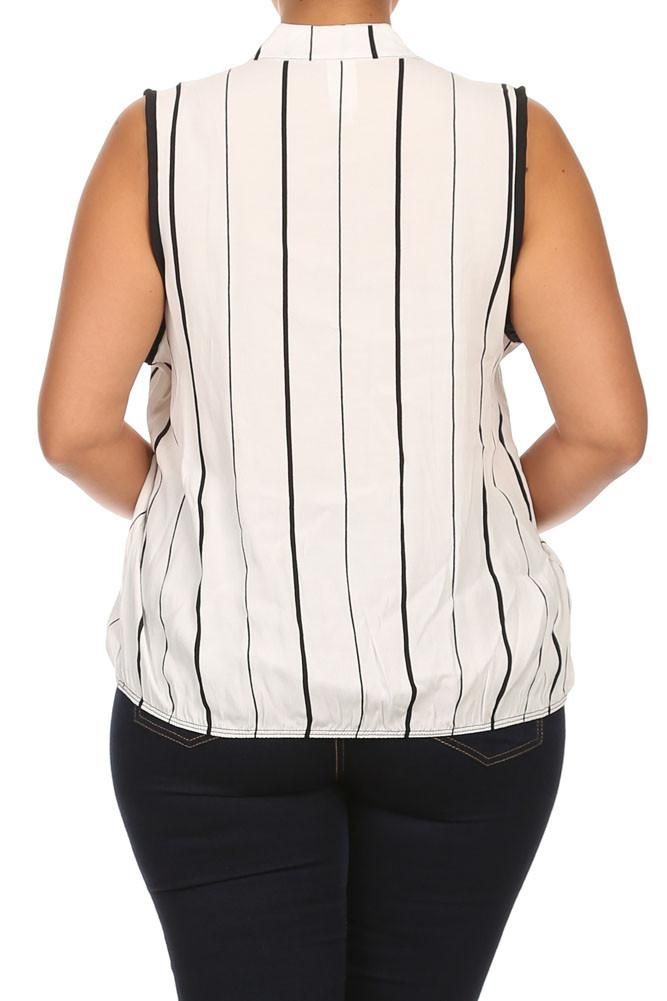 Plus Size Sleeveless Stripe Button Up White Blouse