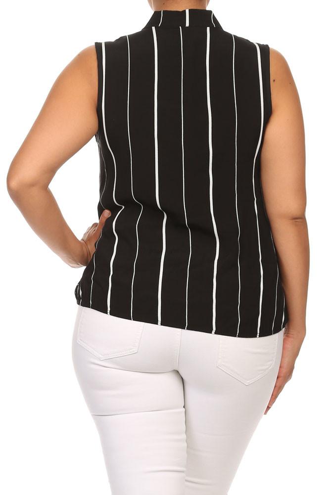 Plus Size Sleeveless Stripe Button Up Black Blouse