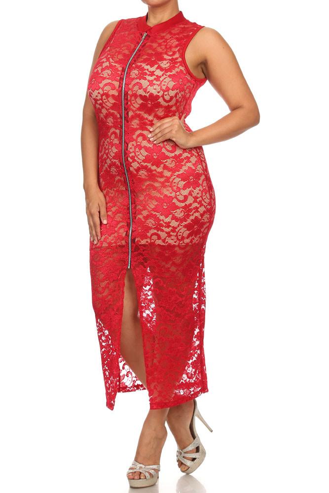 Plus Size See Through Lace Zip Up Red Dress  (Inner-lining not included with dress)
