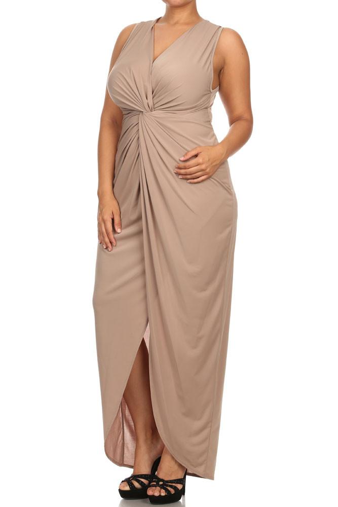 Plus Size Luring Knot Front Tan Maxi Dress