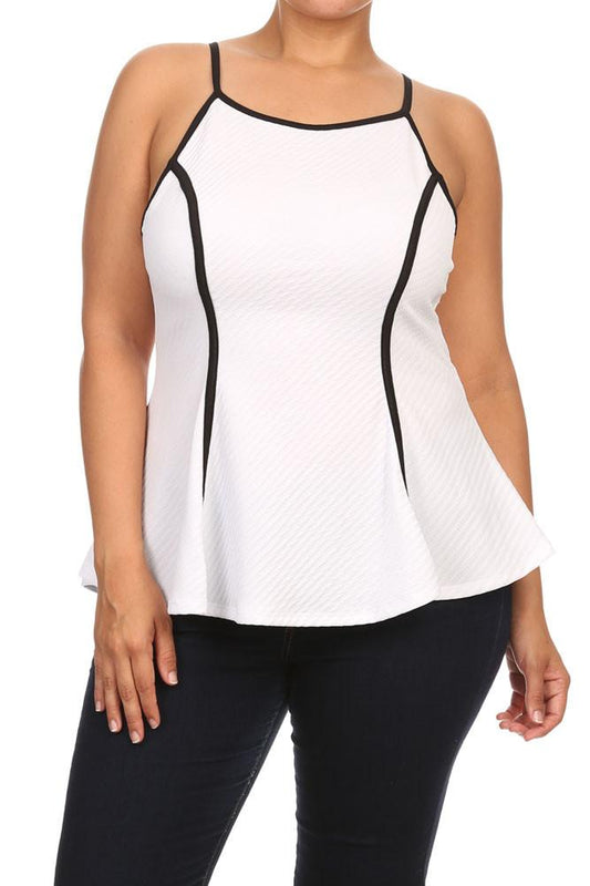 Plus Size Chic Textured Trimmed White A-Line Top
