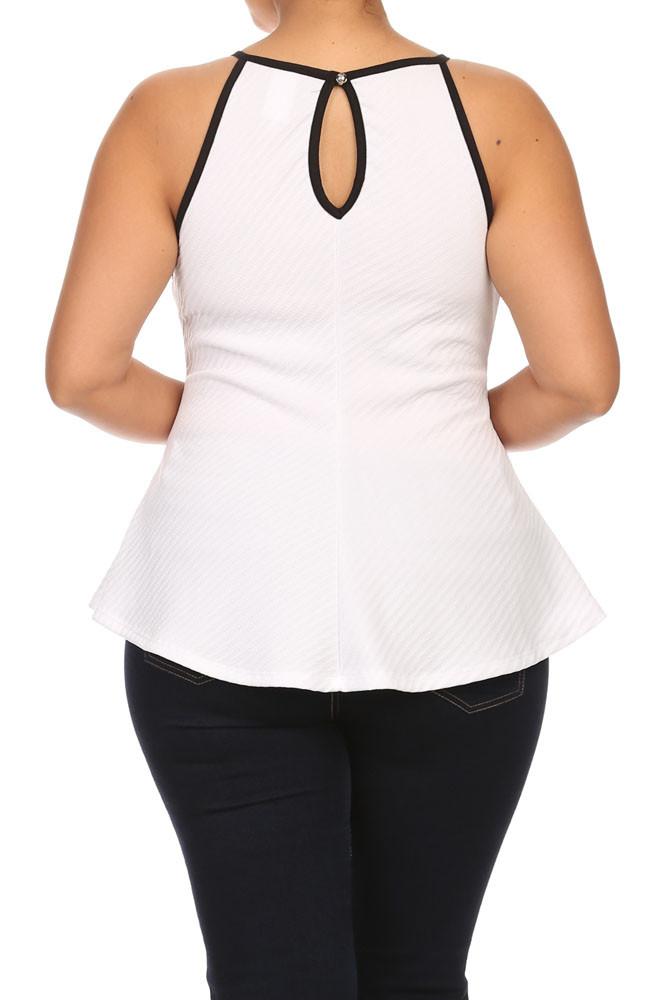 Plus Size Chic Textured Trimmed White A-Line Top