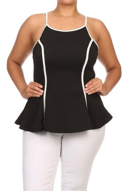 Plus Size Chic Textured Trimmed Black A-Line Top