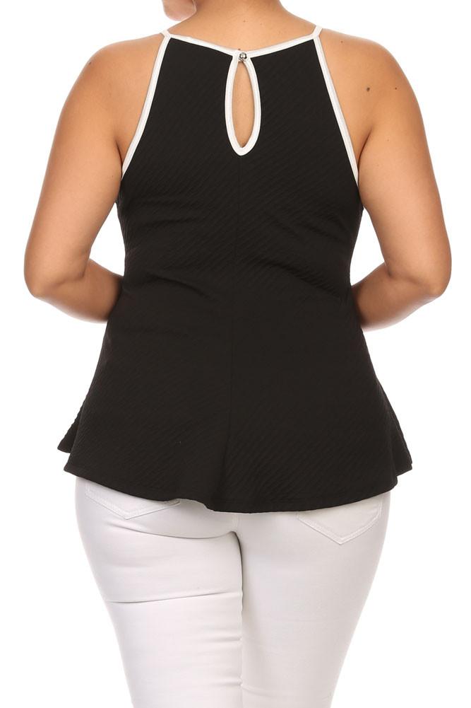 Plus Size Chic Textured Trimmed Black A-Line Top