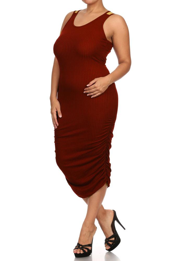 Plus Size Chic Ruched Burgundy Midi Dress