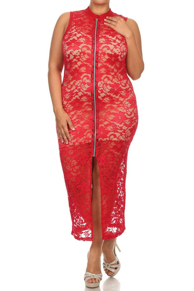 Plus Size See Through Lace Zip Up Red Dress  (Inner-lining not included with dress)