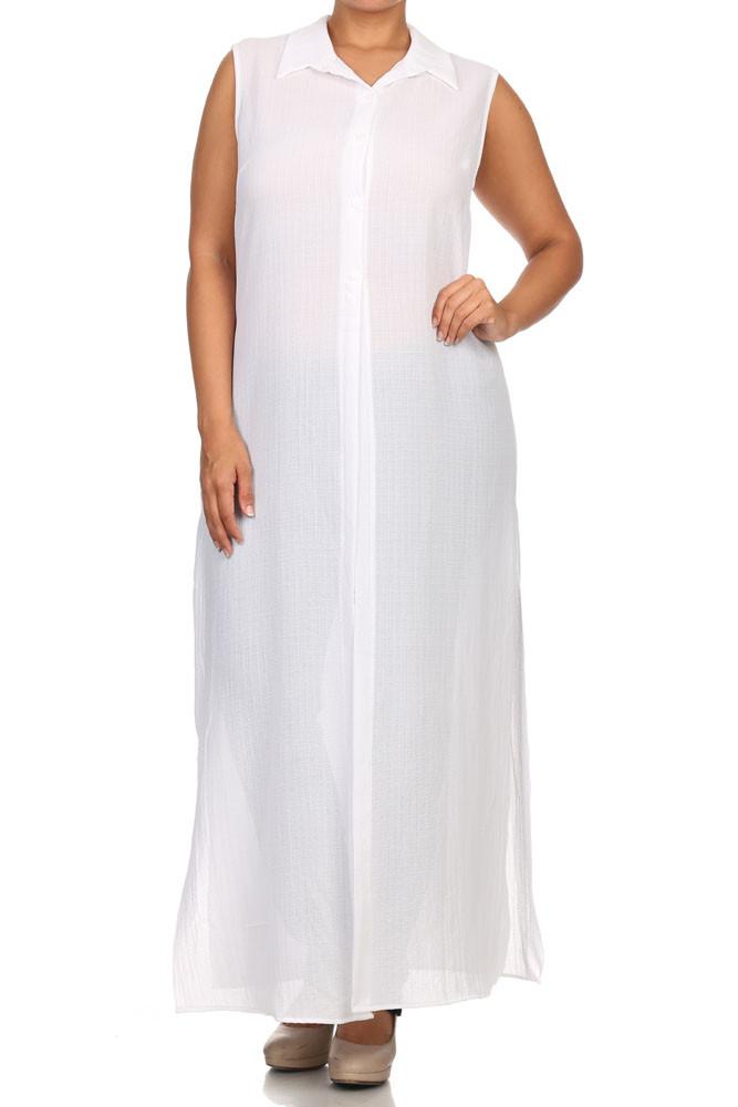 Plus Size Mod Button Up Sheer White Maxi Dress