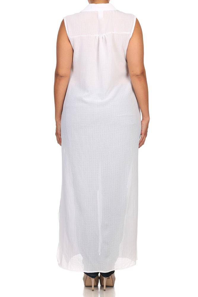 Plus Size Mod Button Up Sheer White Maxi Dress