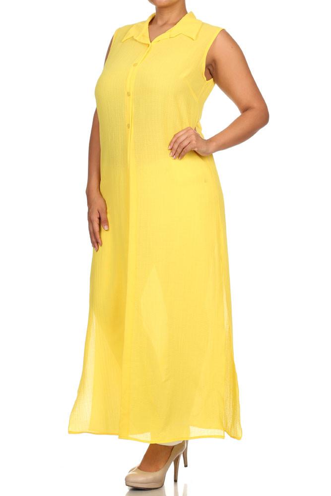 Plus Size Mod Button Up Sheer Yellow Maxi Dress