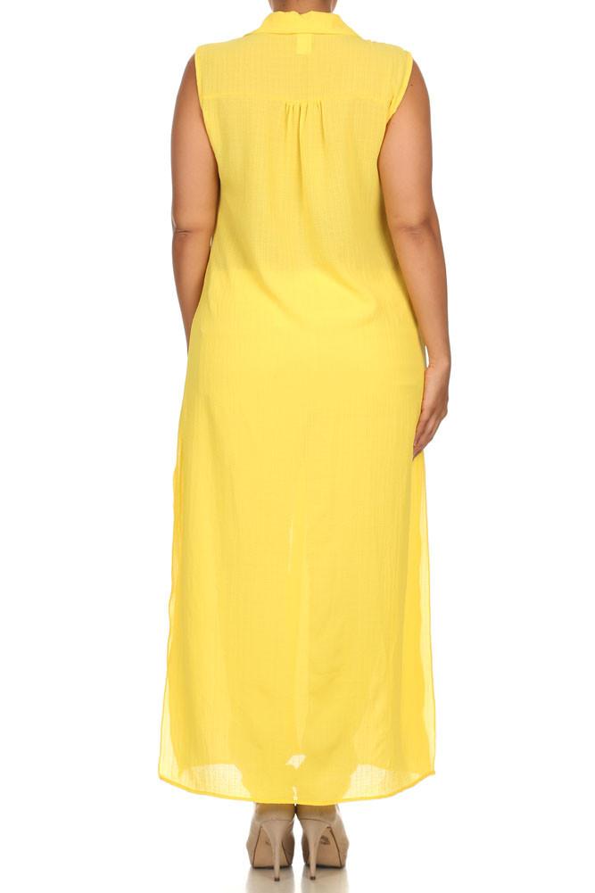 Plus Size Mod Button Up Sheer Yellow Maxi Dress