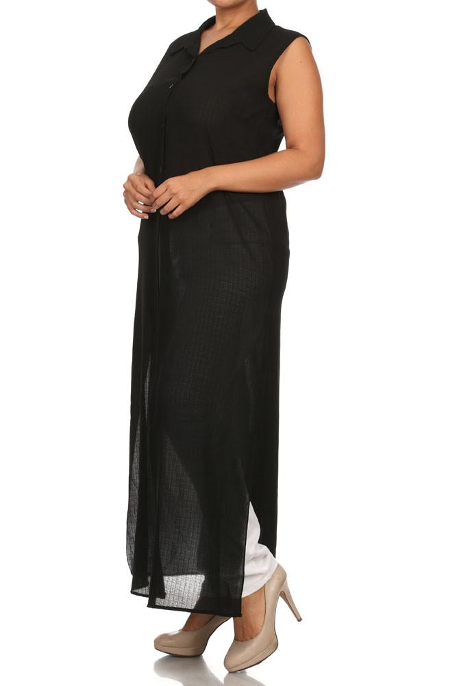 Plus Size Mod Button Up Sheer Black Maxi Dress