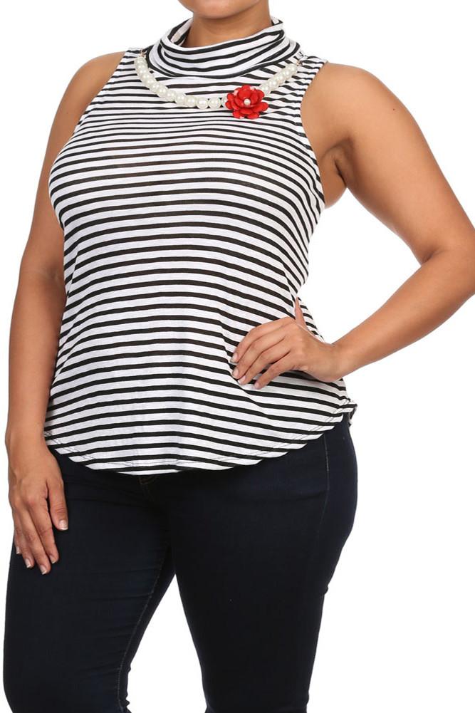 Plus Size Blossoming Striped Mock Turtle Neck top