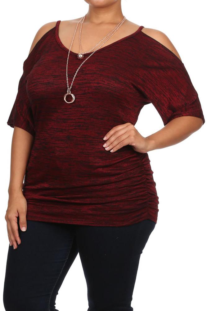 Plus Size Pretty Cut Out Shoulders Ruched Red Top