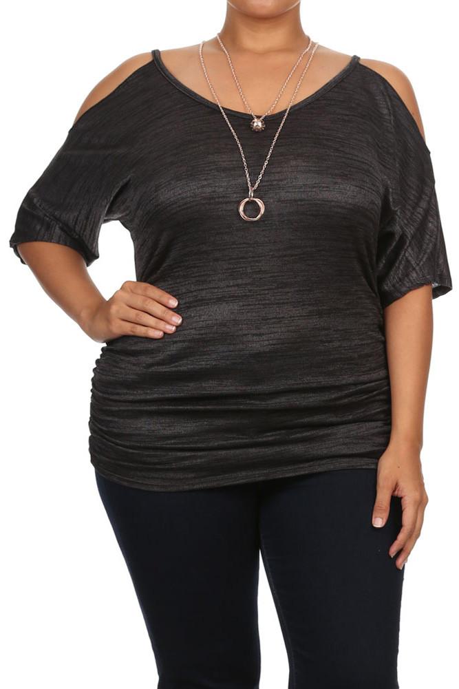 Plus Size Pretty Cut Out Shoulders Ruched Grey Top