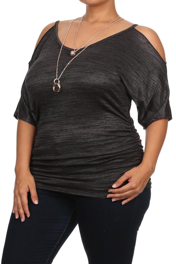 Plus Size Pretty Cut Out Shoulders Ruched Grey Top