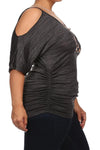 Plus Size Pretty Cut Out Shoulders Ruched Grey Top