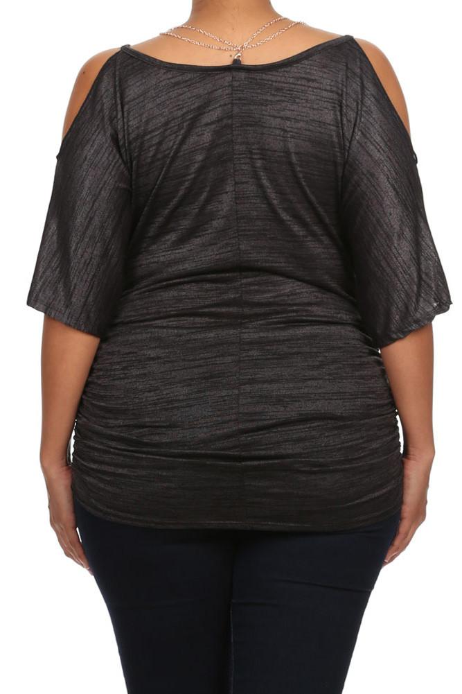 Plus Size Pretty Cut Out Shoulders Ruched Grey Top