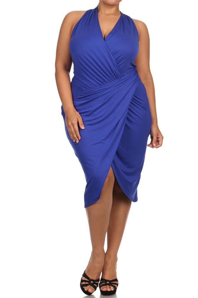 Plus Size Sexy Draped Surplice Blue Midi Dress