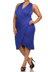 Plus Size Sexy Draped Surplice Blue Midi Dress