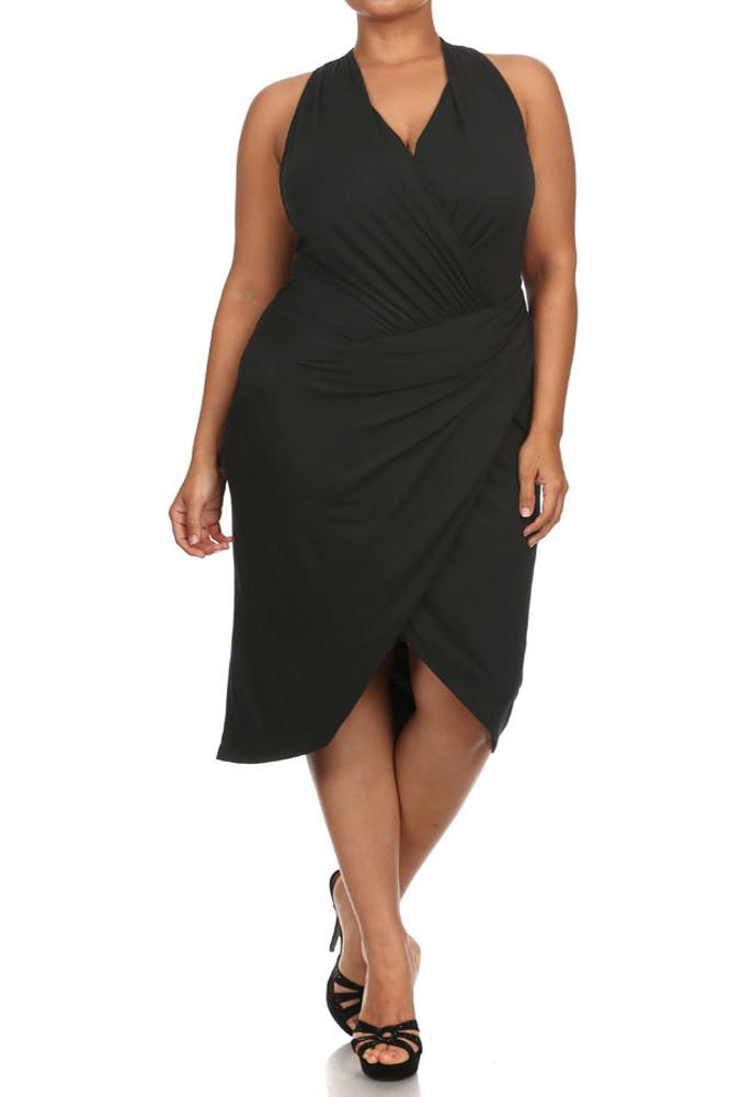 Plus Size Sexy Draped Surplice Black Midi Dress