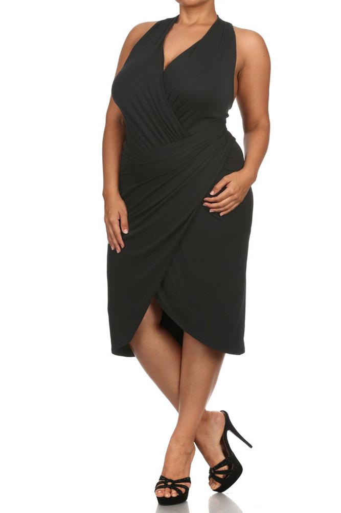 Plus Size Sexy Draped Surplice Black Midi Dress