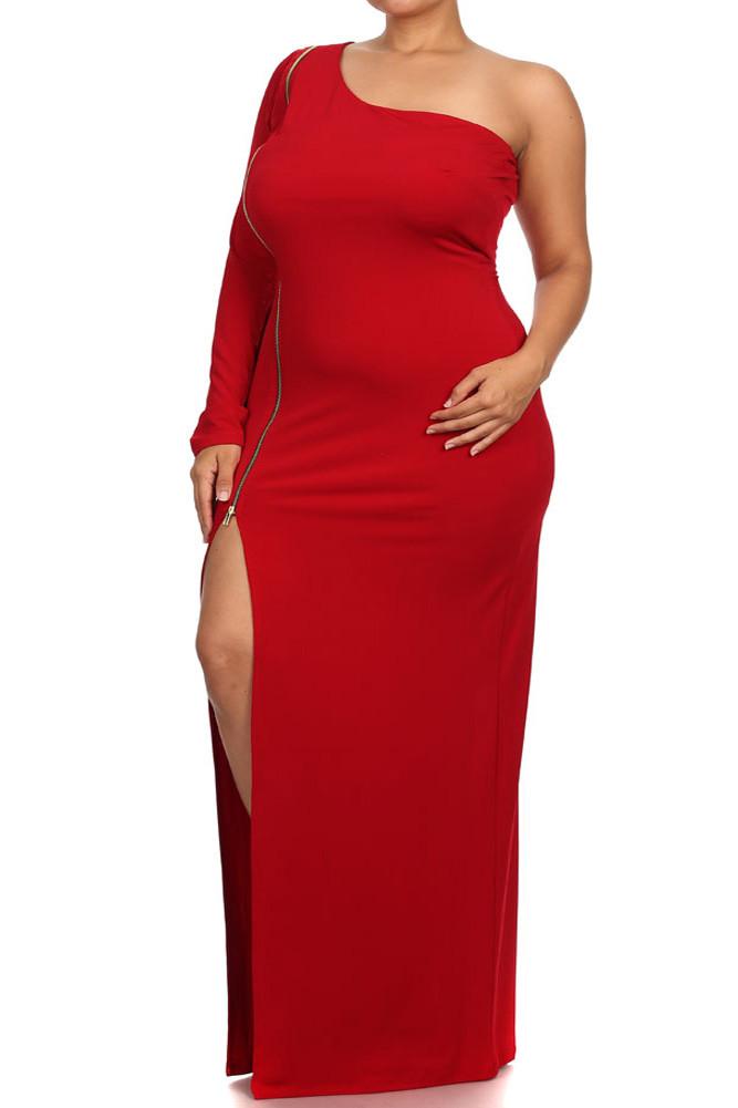 Plus Size Sexy One Sleeve Zipper Maxi Red Dress