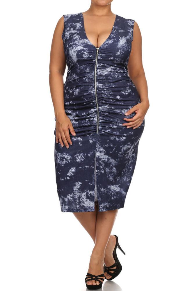 Plus Size Sky Clouds Ruched Zippered Midi Dress