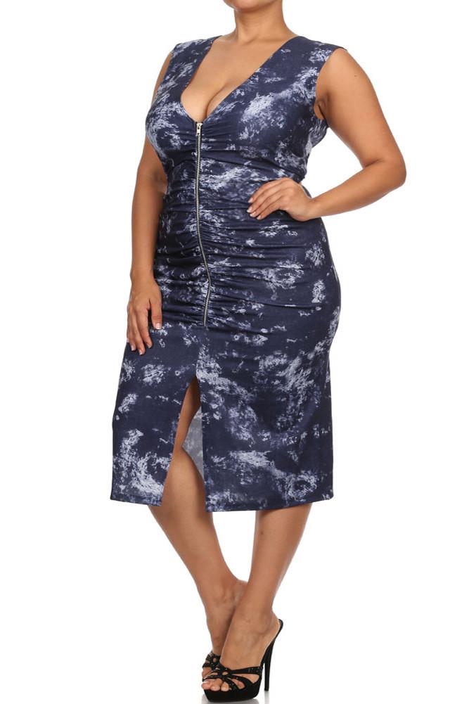 Plus Size Sky Clouds Ruched Zippered Midi Dress