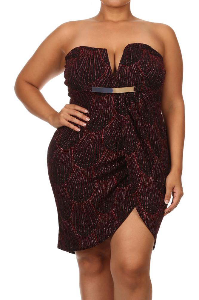 Plus Size Sparkling Plunging Neckline Red Dress